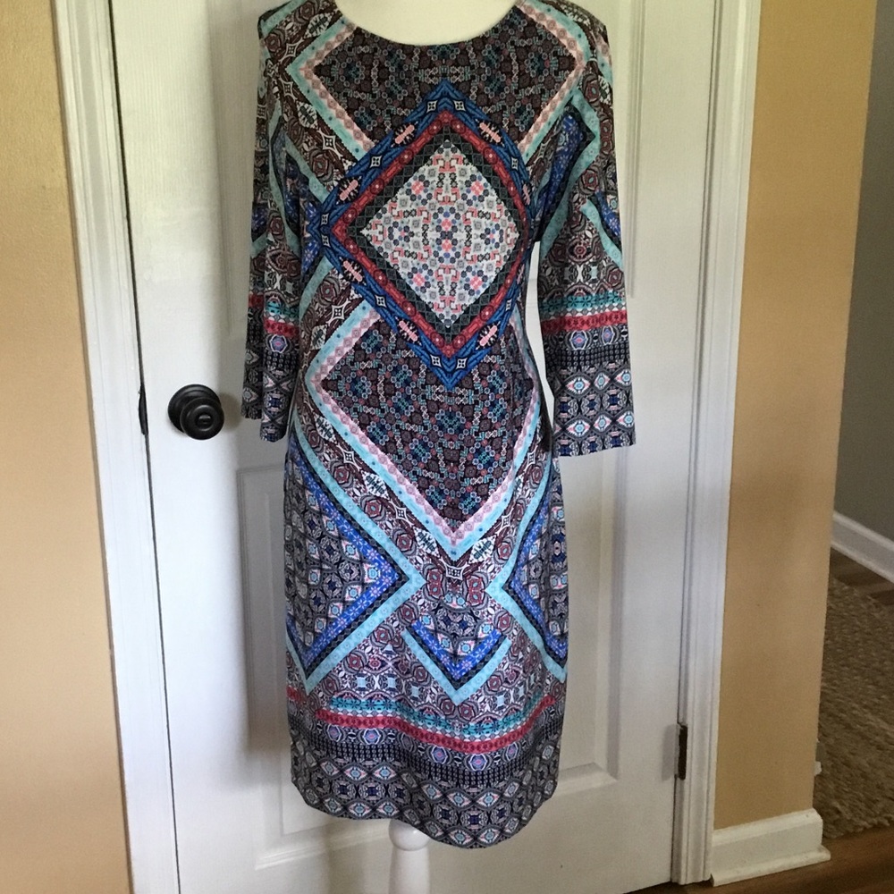 Geometric Boho inspired Print Long-Sleeve Midi Dress in Blue and  Coral Pink